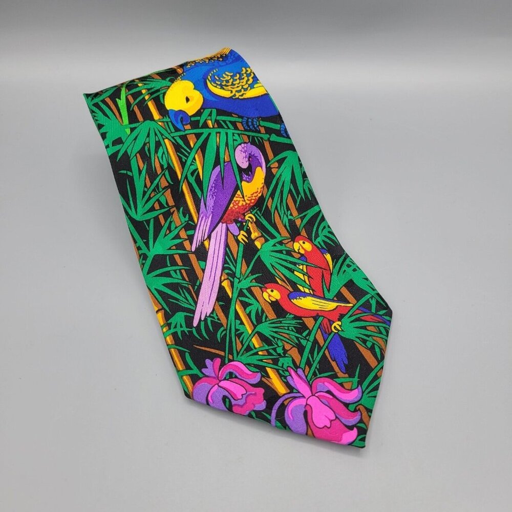 Addiction Tie Jungle Forest 100% Silk Necktie Parrot Tropical